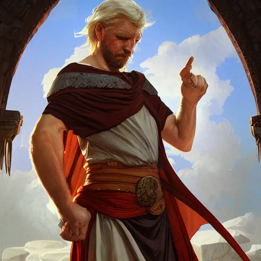 Image similar to dnd character concept portrait, arrogant ancient greek philosopher debating, detailed, high quality, dynamic lighting, fantasy, artwork by artgerm, wlop, alex ross, greg rutknowski, alphonse mucha