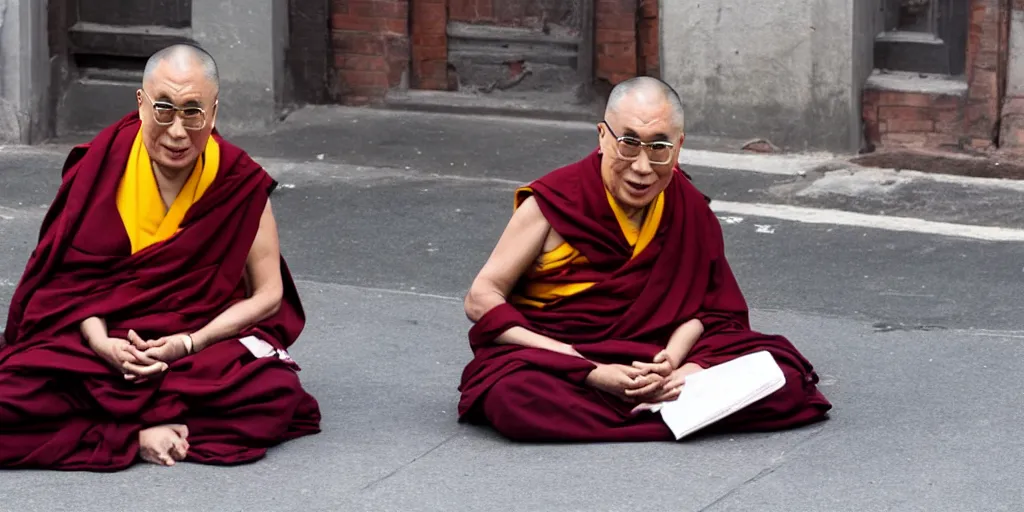 Image similar to photo of dalai lama sitting on a street in new york