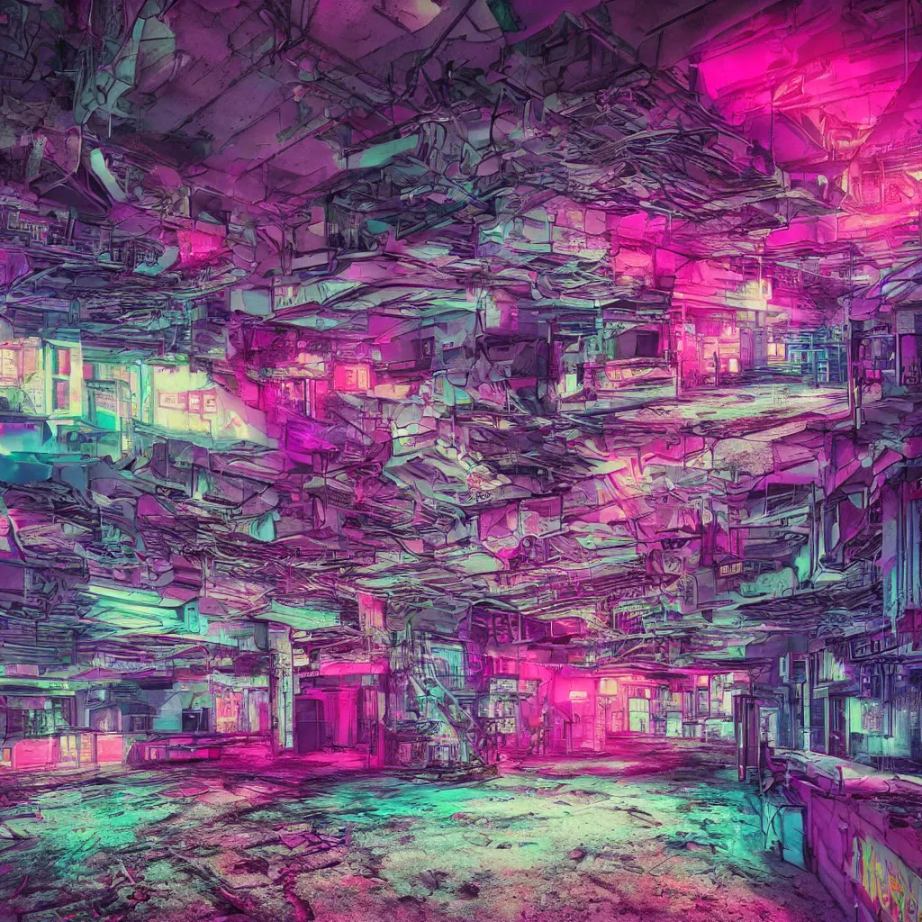 Image similar to urbex, vaporwave synthwave cyberpunk psychedelic