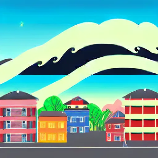 Image similar to giant tsunami wave that is 20 miles high, approaching about to crash into a small coastal town. miniature buildings compared to giant waves are so tall, they seem to touch the sky, large scale image, cartoon color drawing vector illustration, 2d photorealistic flat anime style