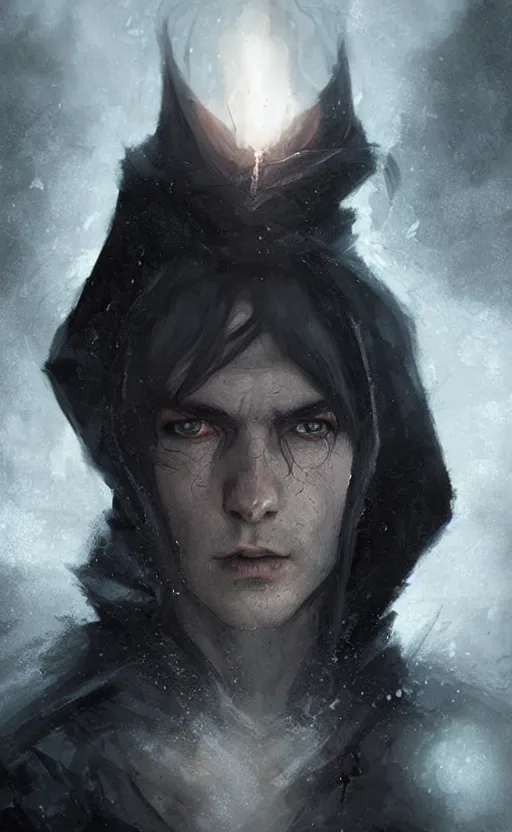 Image similar to Portrait of an elf in a black cloak, black hair, glowing eyes, male, detailed face, fantasy, highly detailed, cinematic lighting, digital art painting by greg rutkowski