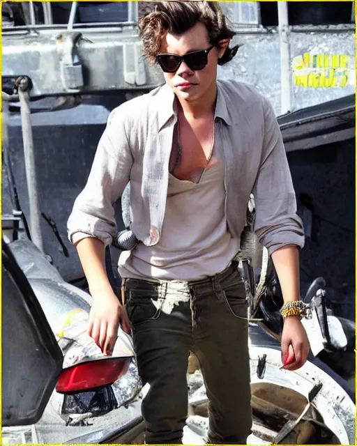 Image similar to glamorous harry styles working in a mine