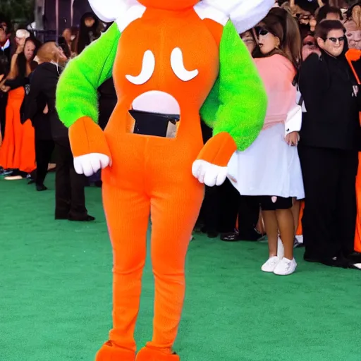 Image similar to ariana grande in a carrot mascot suit