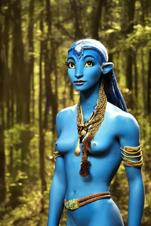 Image similar to a young woman dressed as a blue-skinned female navi from avatar standing in a forest, high resolution film still, 8k, HDR colors, cosplay, outdoor lighting, high resolution photograph, photo by bruce weber