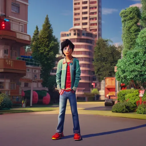 Image similar to hiro hamada standing in front of his home in san fransokyo, pixar film, big hero 6, hyper detailed, digital art, trending on artstation, cinematic lighting, studio quality, smooth render, unreal engine 5 rendered, octane rendered