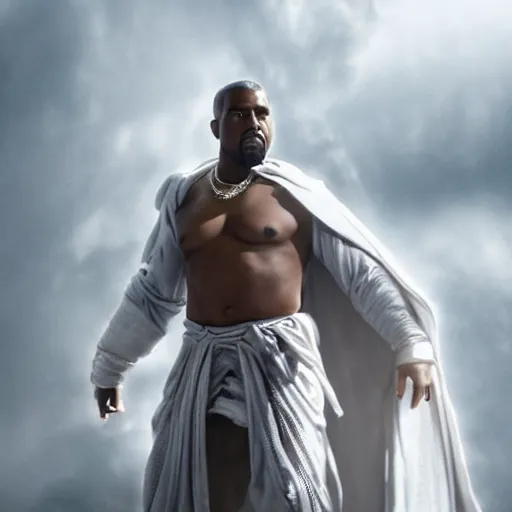 Image similar to kanye west as zeus!!!, god of thunder, greek god, white robe, thunderbolt, in mortal kombat, mythology, fantasy, detailed face, splash art, movie still, cinematic lighting, dramatic, octane render, long lens, shallow depth of field, bokeh, anamorphic lens flare, 8 k, hyper detailed, 3 5 mm film grain