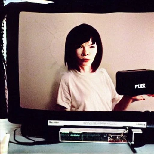 Prompt: Bjork playing Counter Strike 1.6 on an old PC, polaroid, side view
