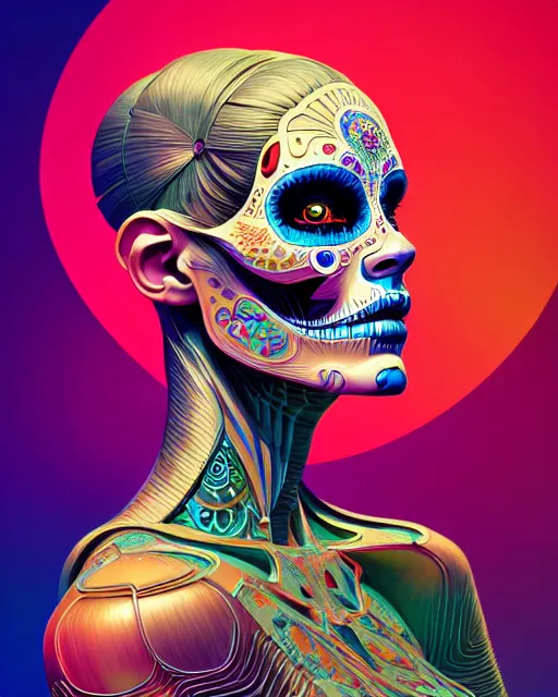 Prompt: ultra detailed beautiful female android, side portrait, sharp focus, highly detailed vfx portrait, geometric shapes, global illumination, by james jean and moebius and artgerm and liam brazier and victo ngai and tristan eaton. vector art, digital illustration, concept art, dia de los muertos. 8 k, hdr