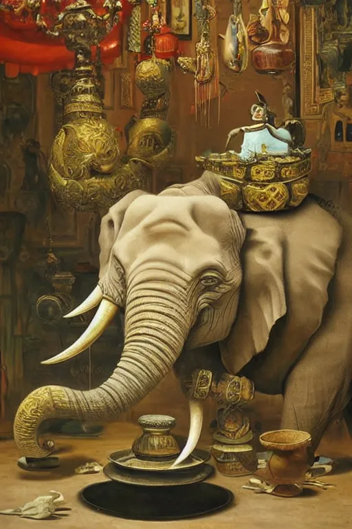 Image similar to one elephant in a porcelain shop, cgsociety, oil painting by dali