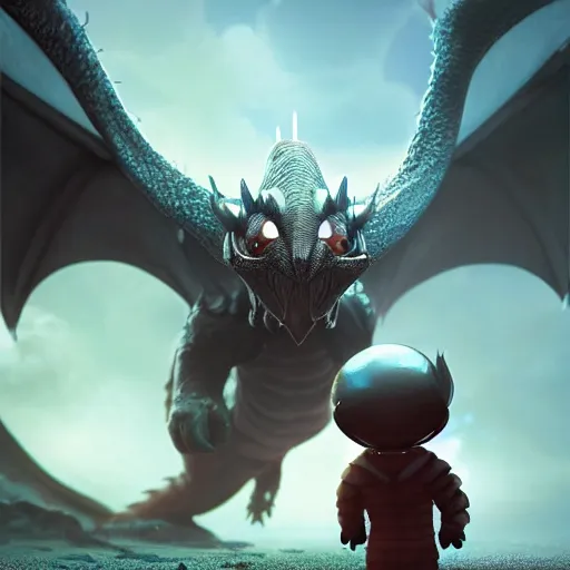 Image similar to an adorable and small alien lands on earth to meet a giant dragon, sweet eyes, concept art, octane render, unreal engine, highly detailed, 4 k, comic book art, cinematic