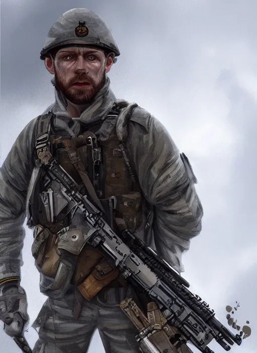 Image similar to a highly detailed digital painting of an sas soldier, epic composition, concept art, 8 k, artstation