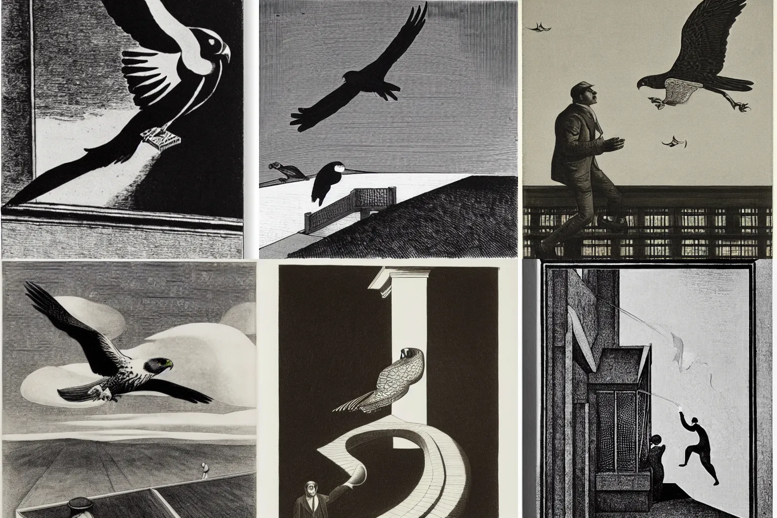 Prompt: a falcon escapes the falconer, copper engraving by edward hopper and alexander rodchenko