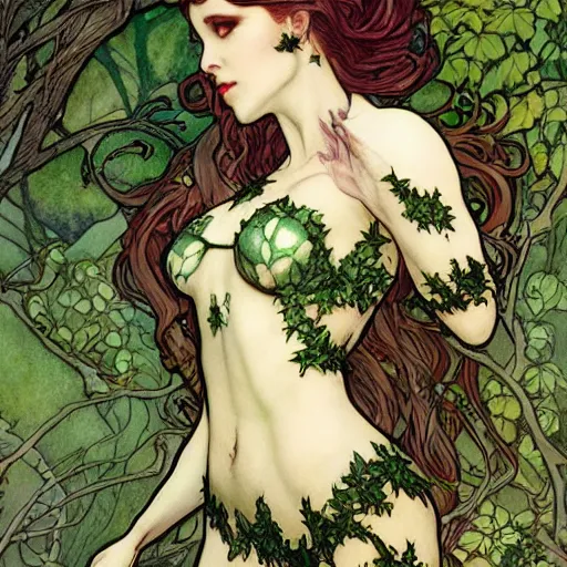 Prompt: a beautiful and detailed magic the gathering card of a seductive poison ivy as a dryad, fantasy, d & d, dark eyeliner, intricate, elegant, highly detailed, digital painting, artstation, concept art, matte, sharp focus, illustration, art by rebecca guay and by arthur rackham and by alphonse mucha and by john william waterhouse