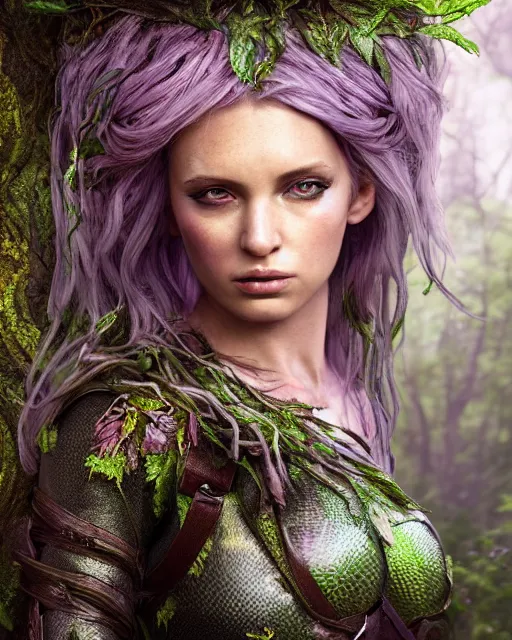 Image similar to portrait high definition photograph female fantasy character art, hyper realistic, pretty face, hyperrealism, iridescence water elemental, snake skin armor forest dryad, woody foliage, 8 k dop dof hdr fantasy character art, by aleski briclot and alexander'hollllow'fedosav and laura zalenga