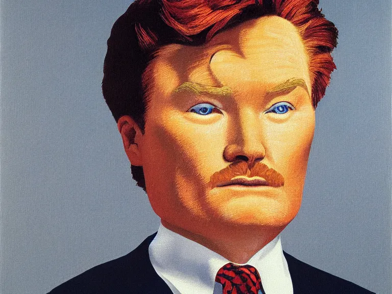 Image similar to Close-up portrait of Conan O'Brien , painting by René Magritte, high detail, high resolution