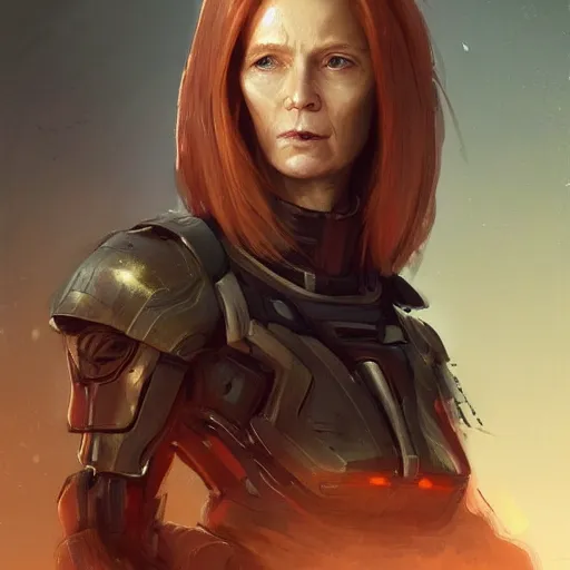 Prompt: Portrait of a woman by Greg Rutkowski, she is about 50 years old, redhead, long straight hair, beautiful oval face, wearing a futuristic tactical gear, older sister vibes, sad and resigned expression, highly detailed portrait, digital painting, artstation, concept art, smooth, sharp foccus ilustration, Artstation HQ.