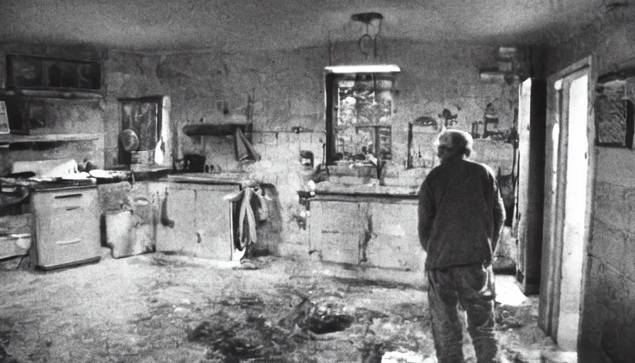 Prompt: a big snake and a old skinny man in a dirty old stalinist style kitchen, mini dv camera found footage, very very low quality picture, heavy grain, caught on security camera, heavy jpeg artifact, night vision very blurry, caught on trail cam, 1 4 4 p, ultra wide lens