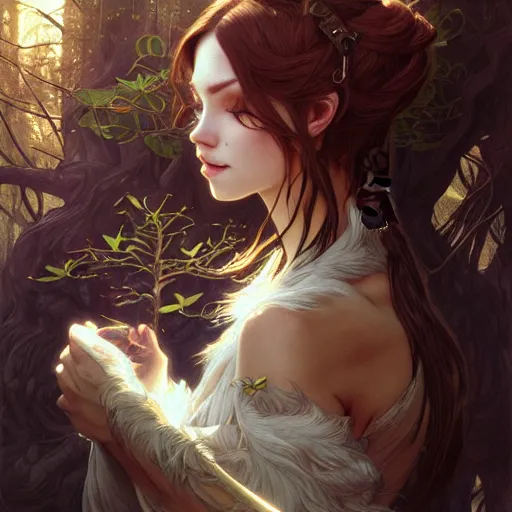 Image similar to Portrait of cat in forest, D&D, dark fantasy, intricate, elegant, highly detailed, digital painting, artstation, concept art, smooth, sharp focus, illustration, art by artgerm and greg rutkowski and alphonse mucha