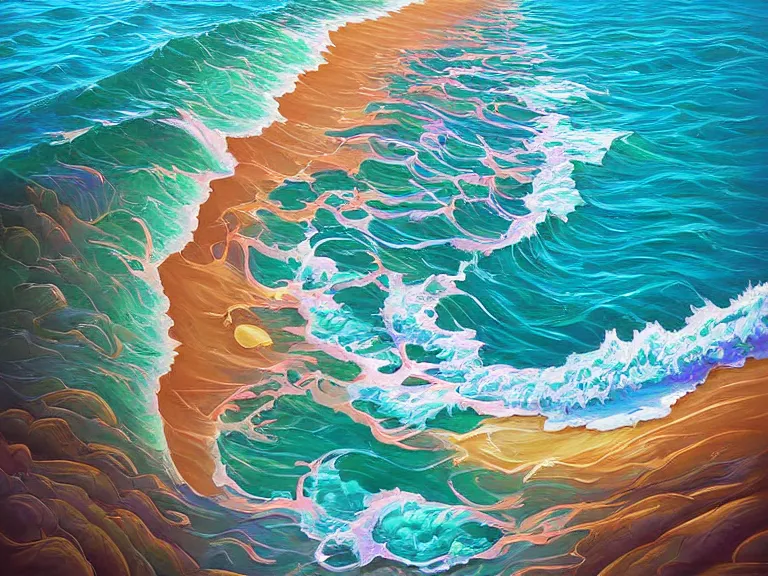Prompt: digital painting detailed beach and shoreline waves, painted by jeremiah ketner