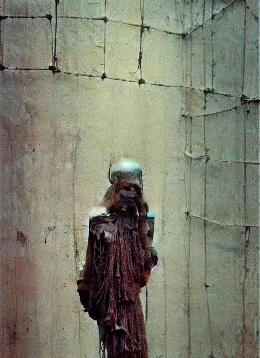 Image similar to dirty pale girl in rags inside cage by Beksinski