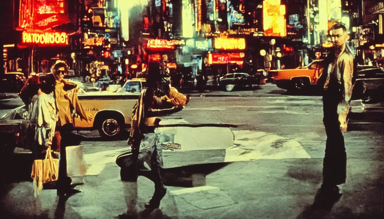 Image similar to 8 0 s polaroid photo, cinema still from movie taxi driver, sleazy man watching night streets, colorful haze, americana, high production value, 8 k resolution, hyperrealistic, hdr, photorealistic, high definition, high details, tehnicolor, award - winning photography, masterpiece, amazing colors