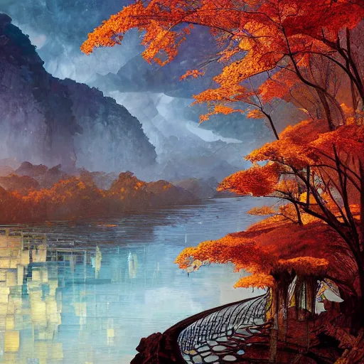 Prompt: river cliff autumn cryengine render detailed digital art art nouveau hyper realism by victo ngai, m. c. escher, greg rutkowski, leonid afremov, moebius, john stephens, tim white, frank gehry