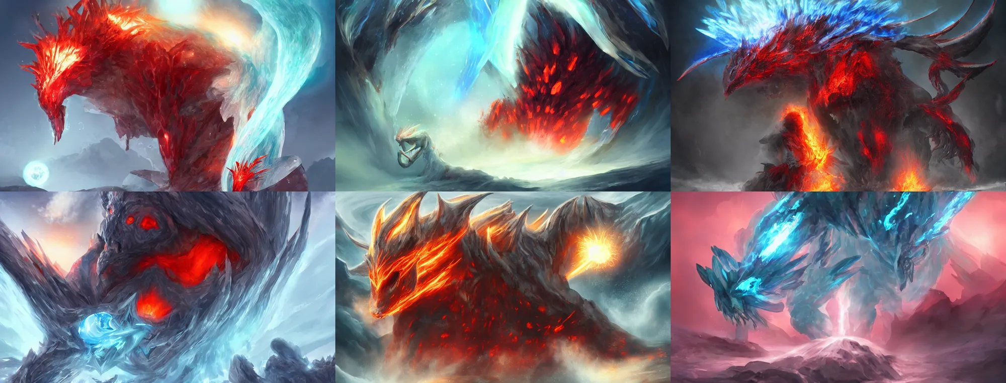 Prompt: very powerful magma and ice crystal Elder monster in a dream, award-winning digital art on Pixiv, trending on Artstation