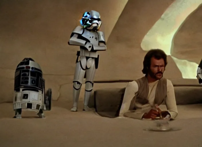 Prompt: screenshot from the lost star wars film 1970s directed by Alajandro Jodorowsky, bizarre set design with extreme detail, moody cinematography, with anamorphic lenses, crisp, detailed, 4k image
