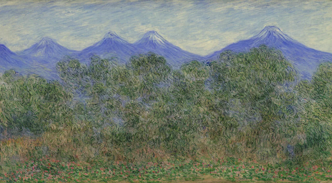 Image similar to a Japanese castle, with a garden as foreground, with mountains as background, by Claude Monet