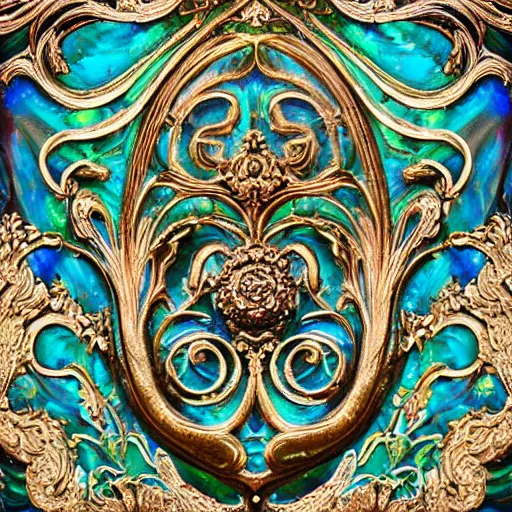 Prompt: Art Nouveau cresting oil slick waves, hyperdetailed bubbles in a shiny iridescent oil slick wave, ornate copper patina medieval ornament, rococo, baroque spirals