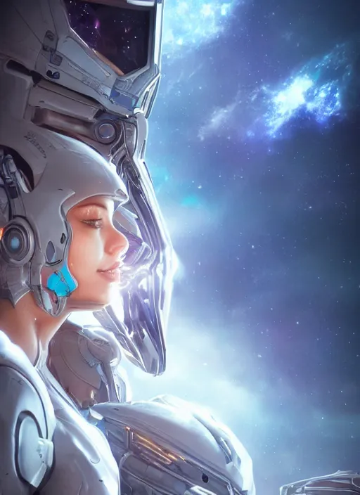 Prompt: photo of a cyborg girl on a space ship, warframe armor, beautiful face, scifi, nebula reflections, angel, white hair, stars, professionally color graded, sharp focus, 8 k high definition, insanely detailed, intricate, innocent, art by stanley lau and artgerm