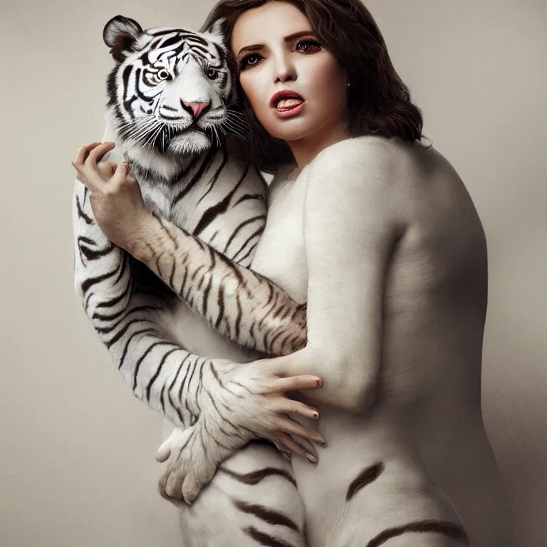 Image similar to hight focus of a wonderful realistic focused sweet wonderful symmetrical mid portrait of a lonely woman with a detailed majestic, large, semi transparent cream cotton dress who is wrestling with a realistic white tiger, dramatic light, octane render - 8 k