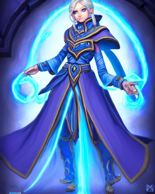 Prompt: perfectly - centered!! looking at the camera!!! full body portrait of a female blue mage, by hearthstone, masterclass art