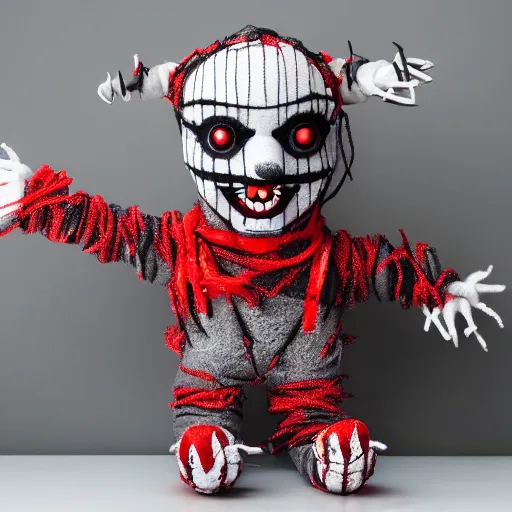 Image similar to freaky scary clown plush wrapped in barbed wire and networking cables against a dark grey silk backdrop