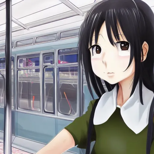 Prompt: anime headshot portrait of tomoko on bus station by makoto sinkai, fine details