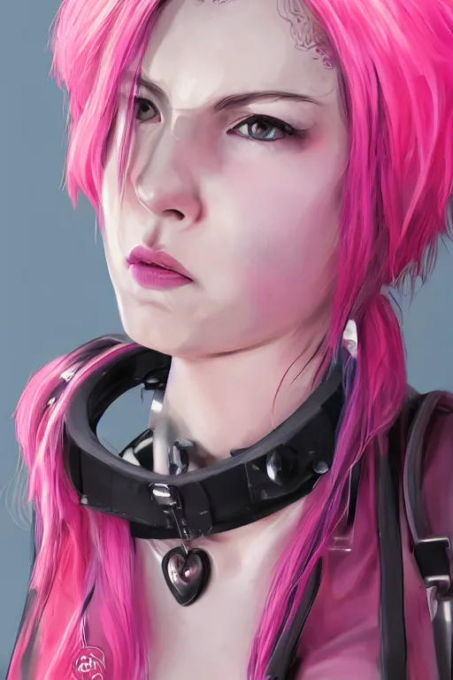 Image similar to detailed realistic female character cyberpunk wearing thick technological , pink hair, pulp style collar around neck, realistic, art, beautiful, 4K, collar, choker, collar around neck, punk, artstation, detailed, female, woman, choker, cyberpunk, neon, punk, collar, choker, collar around neck, thick collar, tight around neck, punk,