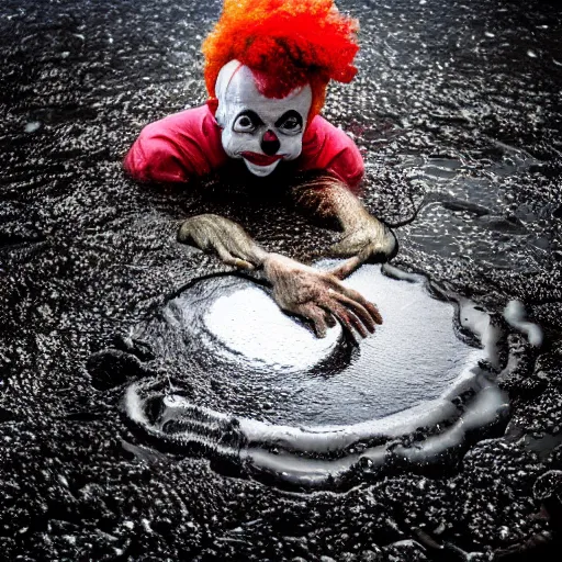 Image similar to A creepy clown emerging froma puddle of water, dramatic