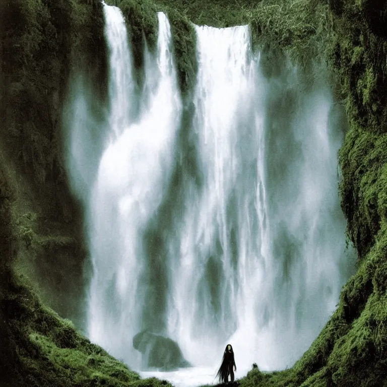 Image similar to dark and moody 1 9 8 0's artistic color spaghetti western film, a woman in a giant billowing wide long flowing waving shining bright white dress made out of waterfalls, standing inside a green mossy irish rocky scenic landscape, huge waterfall, volumetric lighting, backlit, atmospheric, fog, extremely windy, soft focus