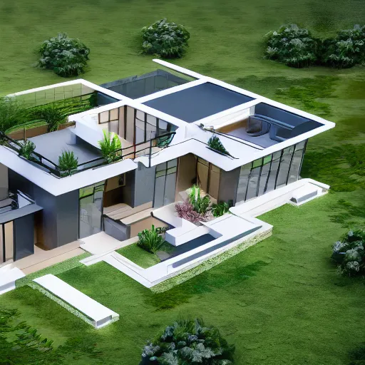 Image similar to isometric view, render of a beautiful modern home designed for aesthetics, energy efficiency and maximizing plants and greenery, cg render, high resolution, professional