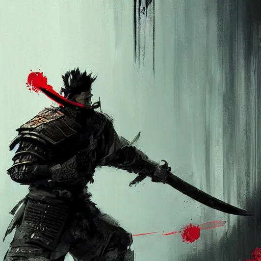 Prompt: artwork by Craig Mullins and Russ Mills and SPARTH showing a badass samurai in front of a red circle