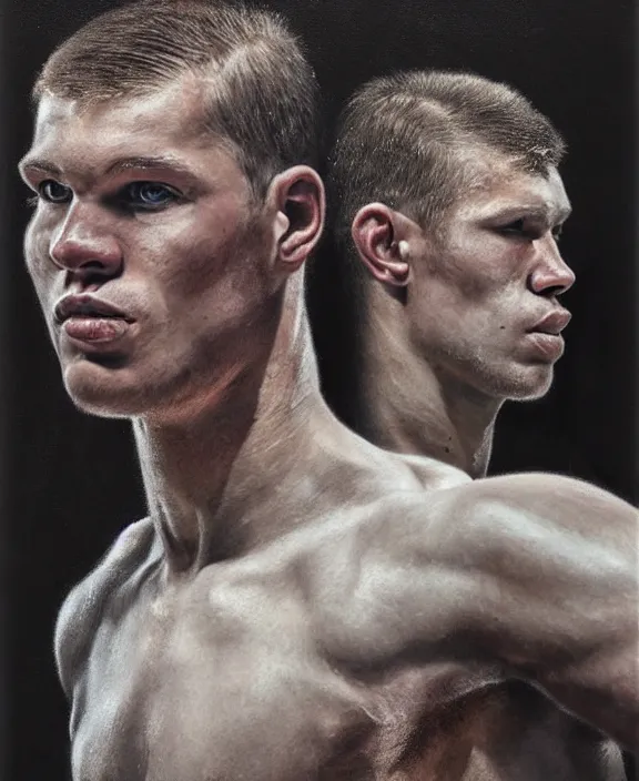 Prompt: portrait of a handsome young swedish boxer, art by denys tsiperko and bogdan rezunenko, hyperrealism