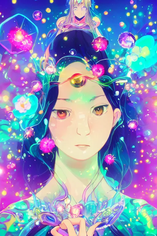 Image similar to psychedelic, whimsical, anime, 4k, beautiful intimate woman with professional makeup, long trippy hair, a crystal and flower dress, bathing in a reflective crystal lake, surrounded by gems, underneath the stars, rainbow fireflies, trending on patreon, deviantart, twitter, artstation, volumetric lighting, heavy contrast, art style of Ross Tran and Ilya Kuvshinov