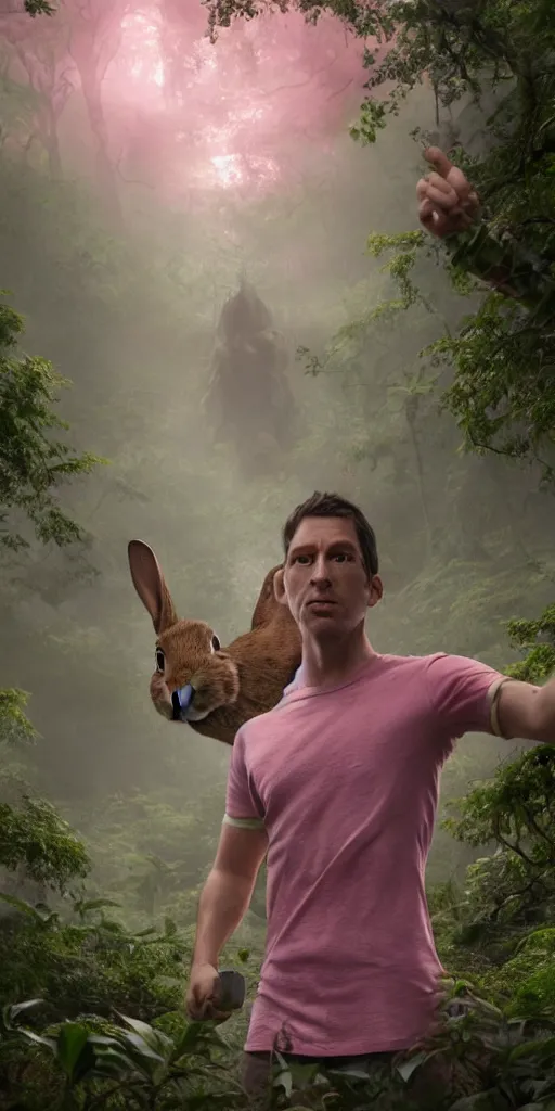 Prompt: rabbit human hybrid in a pink shirt, surrounded by a green forrest, moody , lovecraft, giger, ridley scott, zack snyder, Fenghua Zhong, realistic cinematic lighting, establishing action shot, ultra detailed, hyper realism, photo, octane render