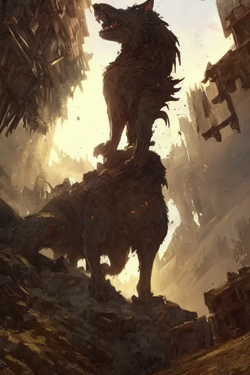 Image similar to a beautiful artwork illustration, fenrir standing over a medieval village, destruction, by Greg Rutkowski and Jesper Ejsing and Raymond Swanland, featured on artstation, wide angle, vertical orientation