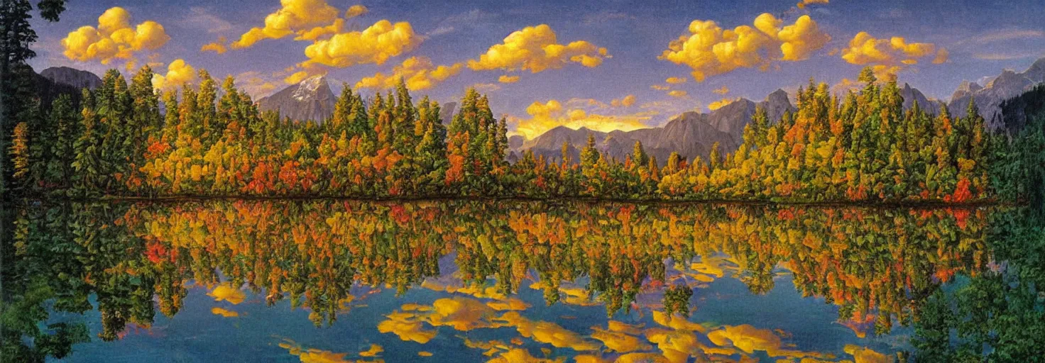 Prompt: escher painting of a lake, big trees reflecting on lake surface, mountains at background, fluffy clouds, sunset, yellow, green, red, snowy, ultra sharp, ultra detailed, cyberpunk, happy, uplifting, colorized by salvador