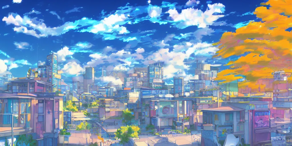 Image similar to a beautiful digital drawing of a bright day in a city, anime styled, digital painting, blue sky, clouds