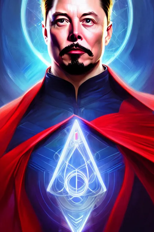 Image similar to elon musk as dr strange, realistic portrait, symmetrical, highly detailed, digital painting, artstation, concept art, smooth, sharp focus, illustration, cinematic lighting, art by artgerm and greg rutkowski and alphonse mucha