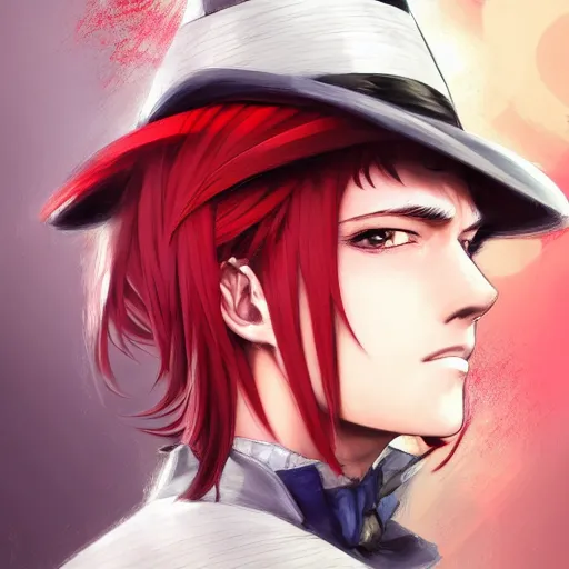 Image similar to semi realistic anime illustration of top hat wearing red haired man, with beautiful hyperdetailed eyes, facing camera directly, full face portrait made by Stanley Artgerm, WLOP, Rossdraws, James Jean Andrei Riabovitchev, Marc Simonetti, Yoshitaka Amano, Artstation