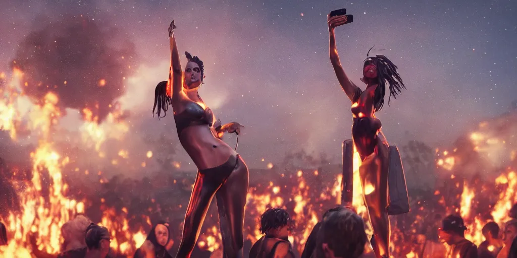 Prompt: realistic cinematic views of a Orwellian Coachella with fires in the background and dead animals falling from the sky in front of the main stage celebrating a large statue of Kylie Jenner holding an iPhone 13, hyper detailed, hyper realistic, digital painting, 8k, 35mm film grain, octane render