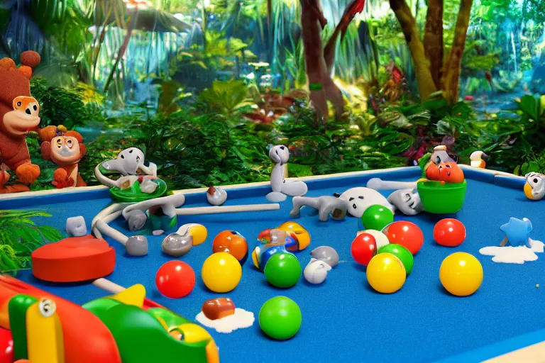 Image similar to fisher price pool table snowy jungle, octane render 85mm